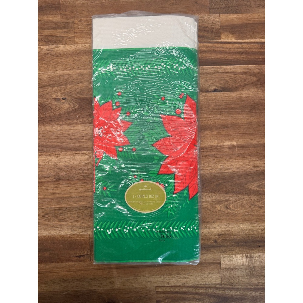 Vintage Hallmark Christmas Table Cover Poinsettia Border Green Red 60x102 150XTA